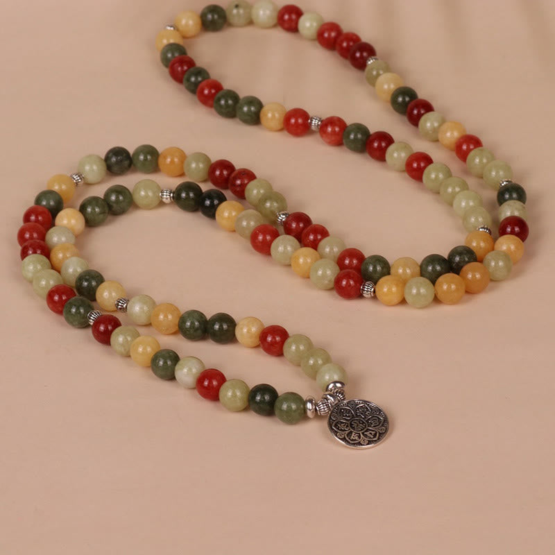 Buddha Stones 108 Mala-Perlen Naturfarbener Stein Topas Roter Jaspis Grüner Jaspis Sechs wahre Worte ‚Om Mani Padme Hum‘ Schutzarmband