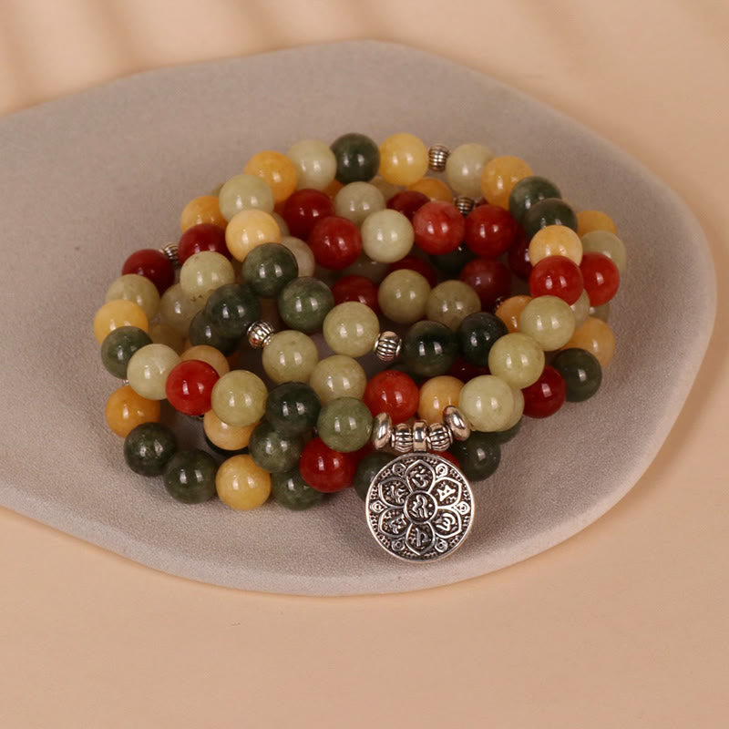 Buddha Stones 108 Mala-Perlen Naturfarbener Stein Topas Roter Jaspis Grüner Jaspis Sechs wahre Worte ‚Om Mani Padme Hum‘ Schutzarmband