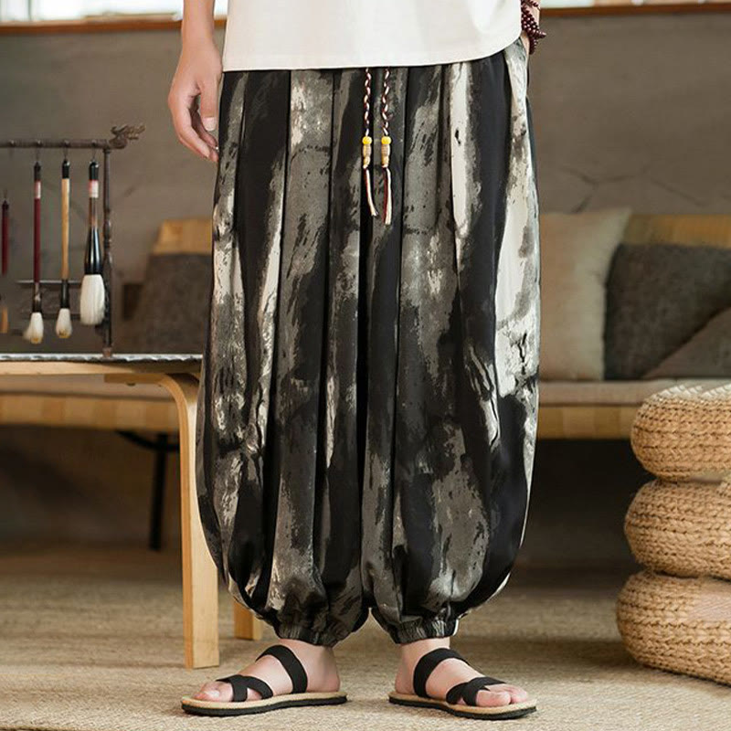 Buddha Stones Schwarz Weiß Tinte Farbverlauf Baumwolle Leinen Geflochten Kordelzug Herren Haremshose mit Taschen - image 2