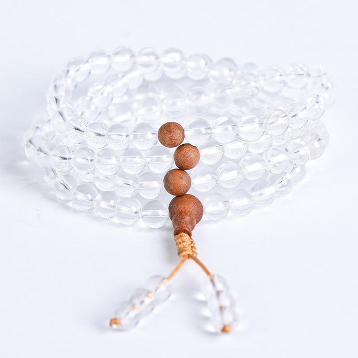 Buddha Stones 108 Mala-Perlen Naturstein weißer Kristall Sandelholz Heilung Armband