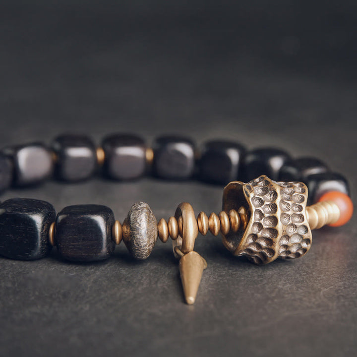 Buddha Stones, Ebenholz, Kupfer, Messing, roter Achat, Peace-Armband