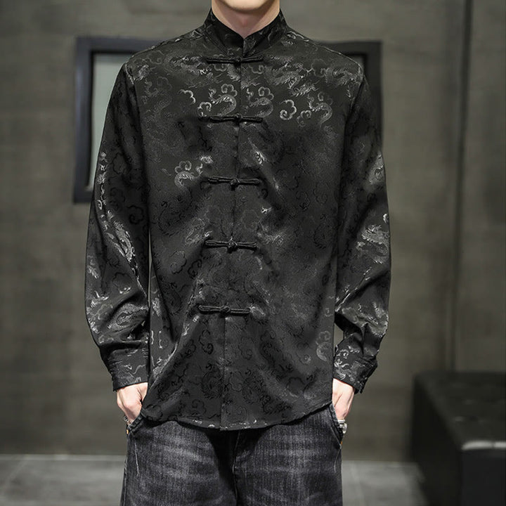 Buddha Stones Casual Drachenmuster Froschknopf Tang Anzug Leinen Herrenjacke Hemd - Schwarz - US/ UK/AU46，EU56 (5XL) - image 30
