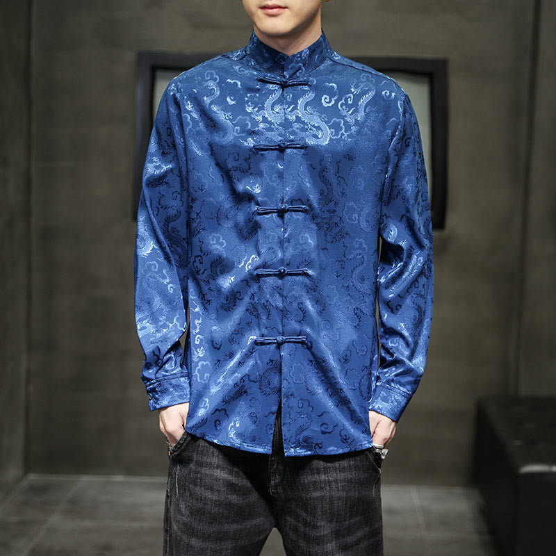 Buddha Stones Casual Drachenmuster Froschknopf Tang Anzug Leinen Herrenjacke Hemd - image 9