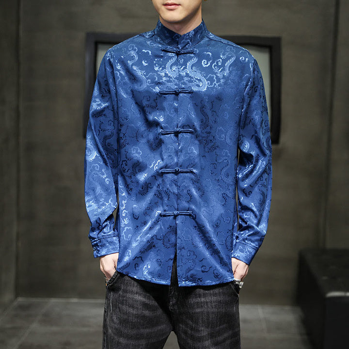 Buddha Stones Casual Drachenmuster Froschknopf Tang Anzug Leinen Herrenjacke Hemd - image 9