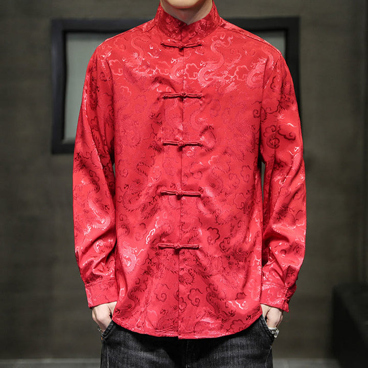 Buddha Stones Casual Drachenmuster Froschknopf Tang Anzug Leinen Herrenjacke Hemd - Rot - US/UK/AU46, EU56 (5XL) - image 47