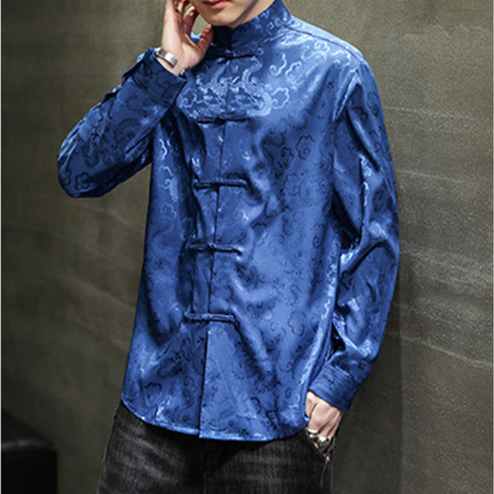 Buddha Stones Casual Drachenmuster Froschknopf Tang Anzug Leinen Herrenjacke Hemd - image 8