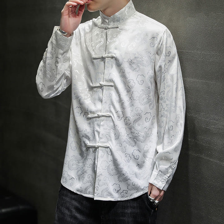 Buddha Stones Casual Drachenmuster Froschknopf Tang Anzug Leinen Herrenjacke Hemd - image 15