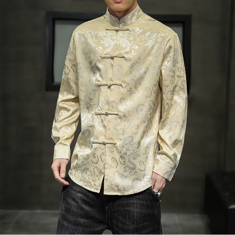 Buddha Stones Casual Drachenmuster Froschknopf Tang Anzug Leinen Herrenjacke Hemd - Khaki - US/UK/AU46, EU56 (5XL) - image 38