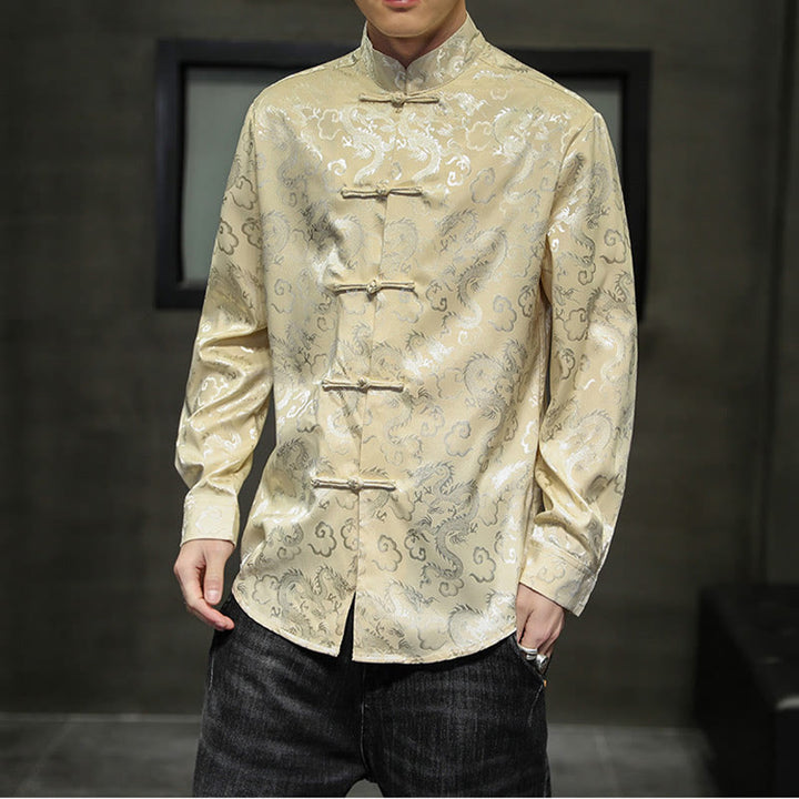 Buddha Stones Casual Drachenmuster Froschknopf Tang Anzug Leinen Herrenjacke Hemd - Khaki - US/UK/AU46, EU56 (5XL) - image 38