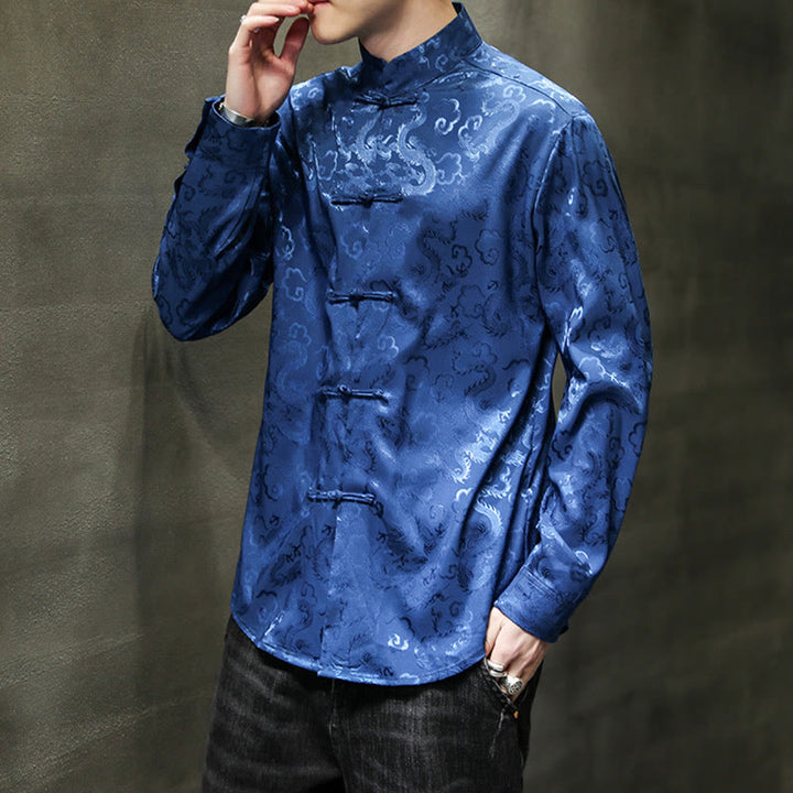 Buddha Stones Casual Drachenmuster Froschknopf Tang Anzug Leinen Herrenjacke Hemd - image 7