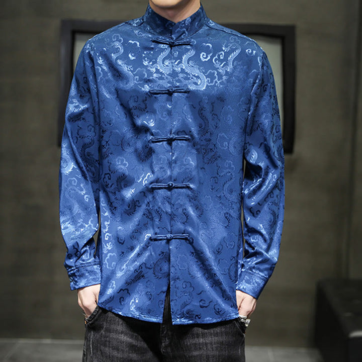 Buddha Stones Casual Drachenmuster Froschknopf Tang Anzug Leinen Herrenjacke Hemd - Blau - US/UK/AU46, EU56 (5XL) - image 0