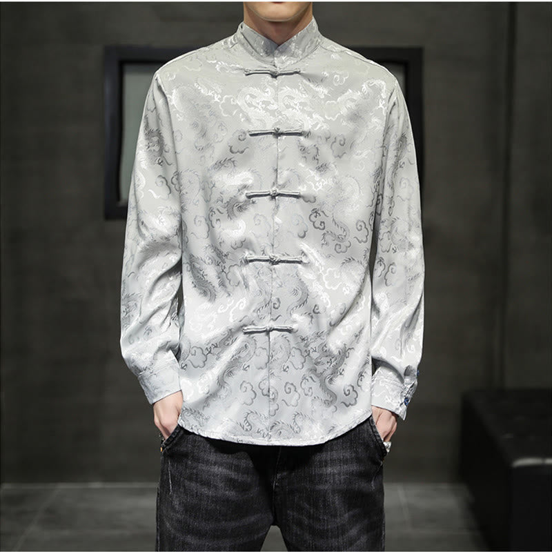 Buddha Stones Casual Drachenmuster Froschknopf Tang Anzug Leinen Herrenjacke Hemd - Silber - US/UK/AU46, EU56 (5XL) - image 22