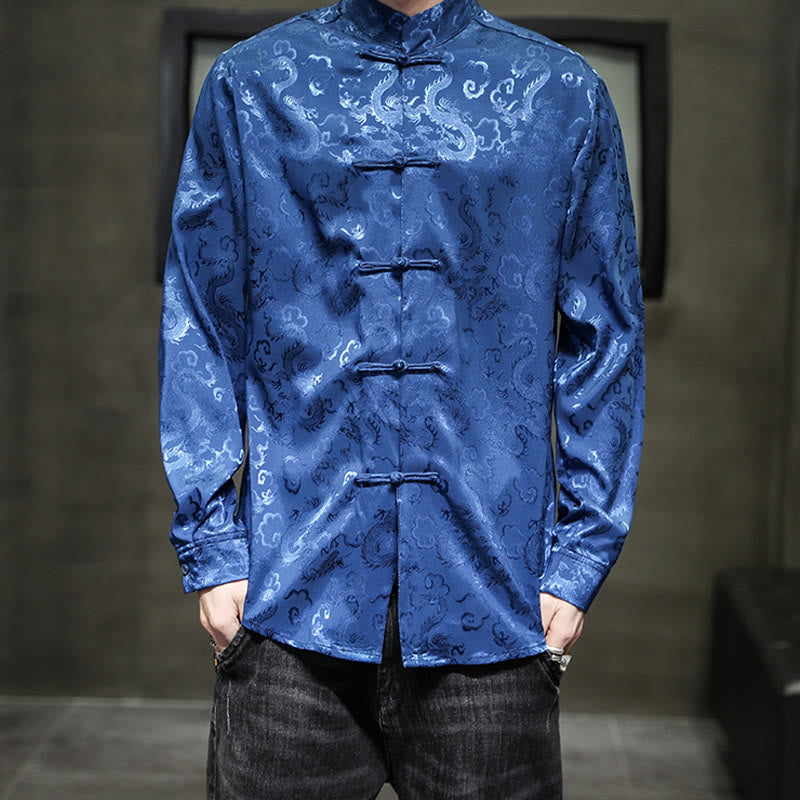 Buddha Stones Casual Drachenmuster Froschknopf Tang Anzug Leinen Herrenjacke Hemd - image 1