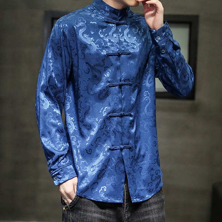 Buddha Stones Casual Drachenmuster Froschknopf Tang Anzug Leinen Herrenjacke Hemd - image 3