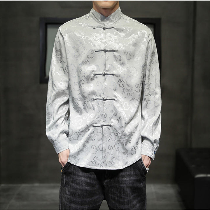 Buddha Stones Casual Drachenmuster Froschknopf Tang Anzug Leinen Herrenjacke Hemd - Silber - US/ UK/AU46, EU56 (5XL) - image 22