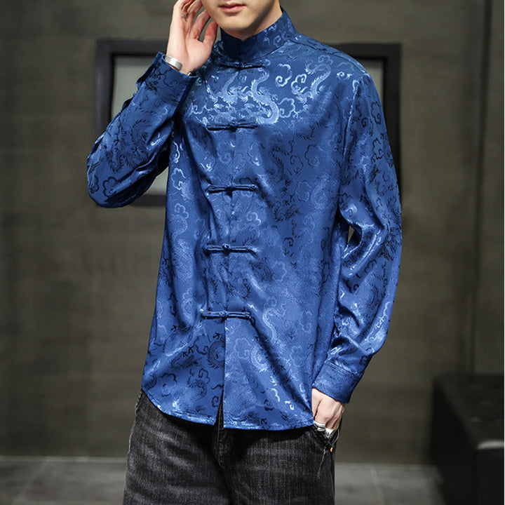 Buddha Stones Casual Drachenmuster Froschknopf Tang Anzug Leinen Herrenjacke Hemd - image 6