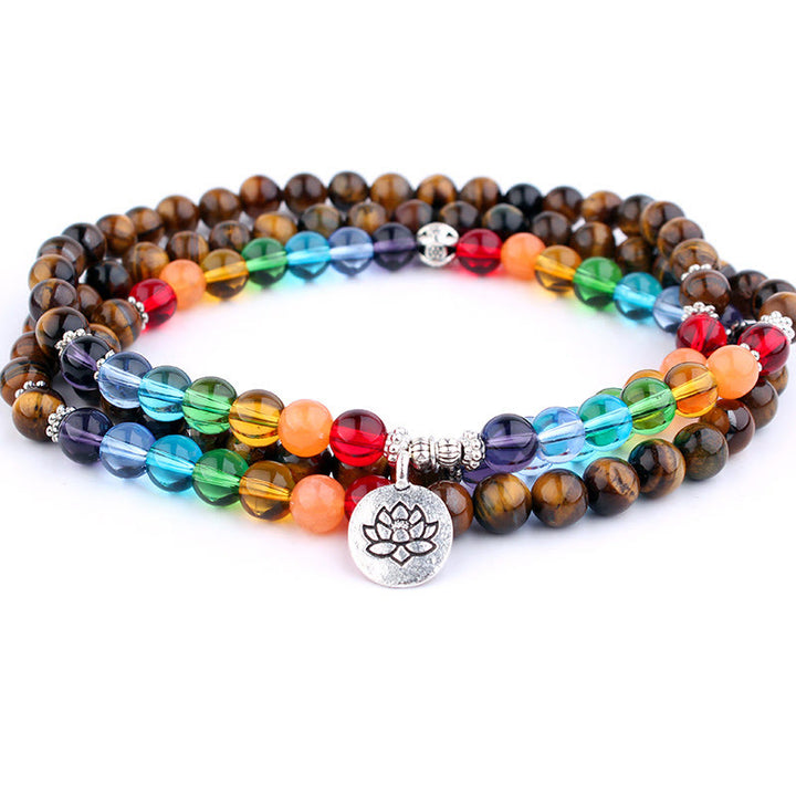 Buddha Stones 108 Mala-Perlen Naturstein Tigerauge Farbige Perlen Lotus Schutzarmband