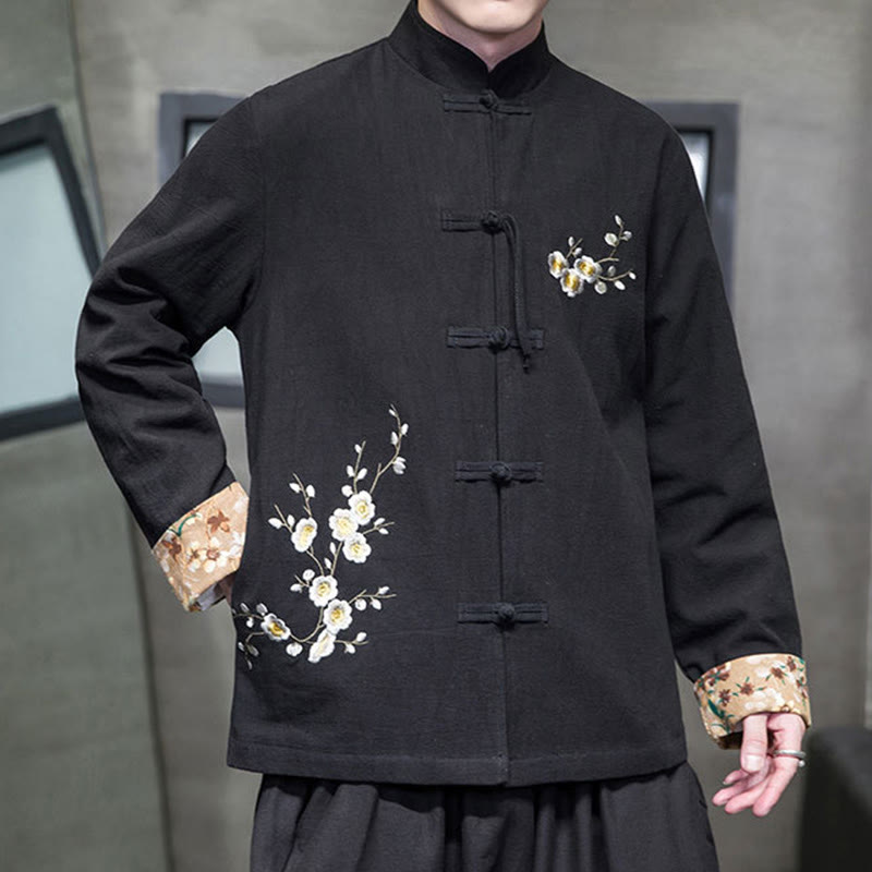 Buddha Stones, Pflaumenblüten-Stickerei, Manschetten-Blumen-Design, Froschknopf-Tang-Anzug, Baumwolle, Leinen, Herrenjacke, Hemd  - image 5