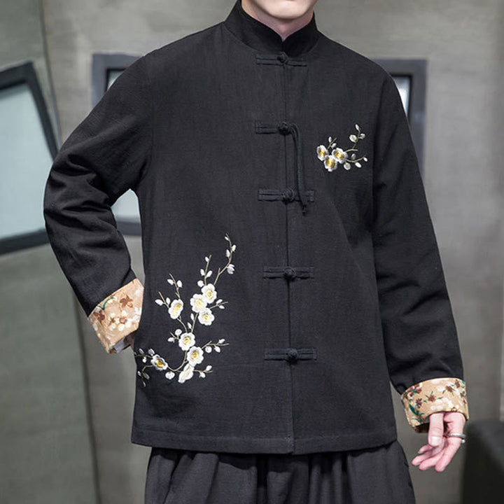 Buddha Stones, Pflaumenblüten-Stickerei, Manschetten-Blumen-Design, Froschknopf-Tang-Anzug, Baumwolle, Leinen, Herrenjacke, Hemd  - image 5