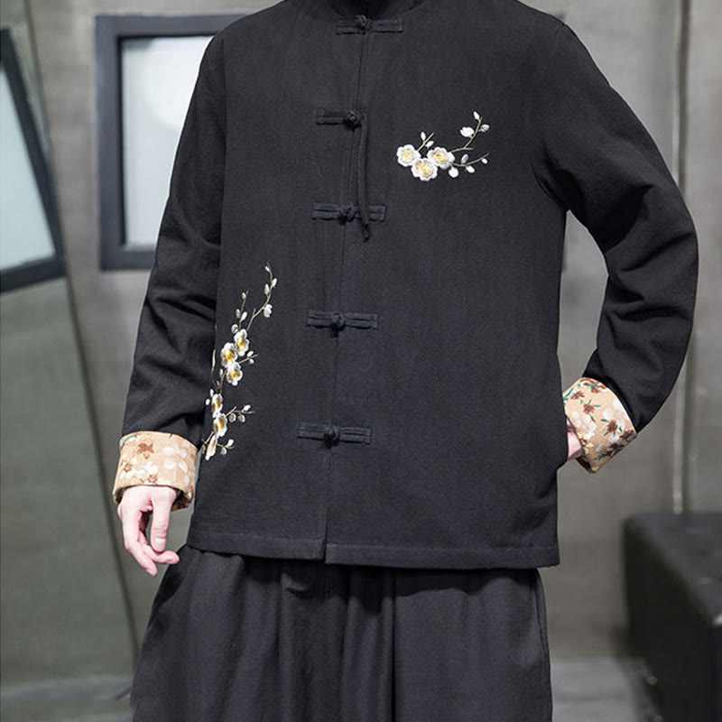 Buddha Stones, Pflaumenblüten-Stickerei, Manschetten-Blumen-Design, Froschknopf-Tang-Anzug, Baumwolle, Leinen, Herrenjacke, Hemd  - image 2