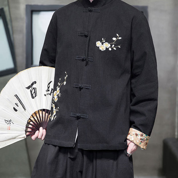Buddha Stones, Pflaumenblüten-Stickerei, Manschetten-Blumen-Design, Froschknopf-Tang-Anzug, Baumwolle, Leinen, Herrenjacke, Hemd  - image 3