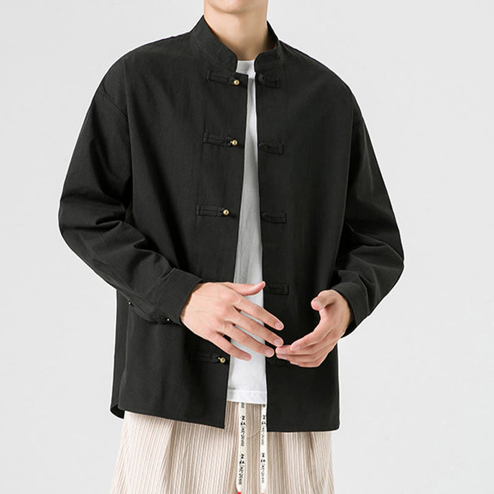 Buddha Stones Einfarbiges Froschknopf-Tang-Anzug-Baumwoll-Herren-Jackenhemd  - image 5