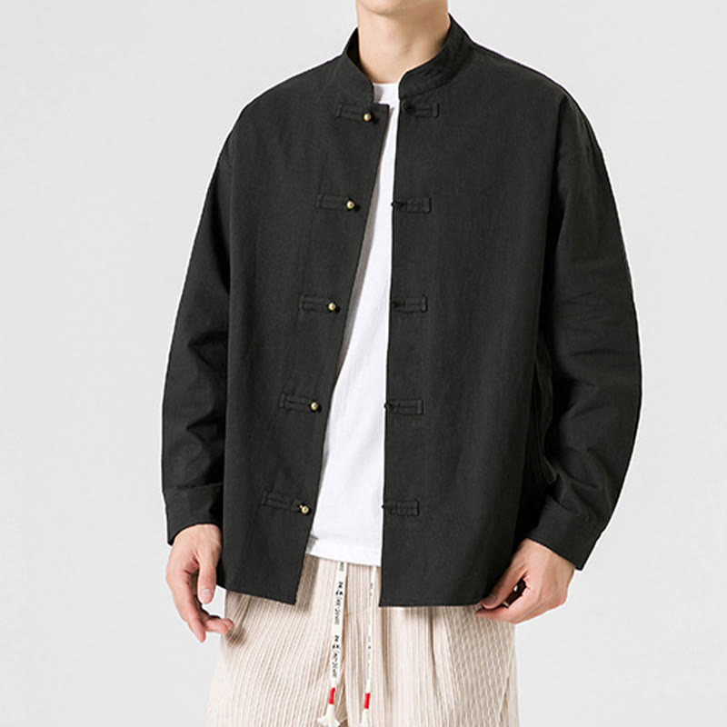Buddha Stones Einfarbiges Froschknopf-Tang-Anzug-Baumwoll-Herren-Jackenhemd  - image 3