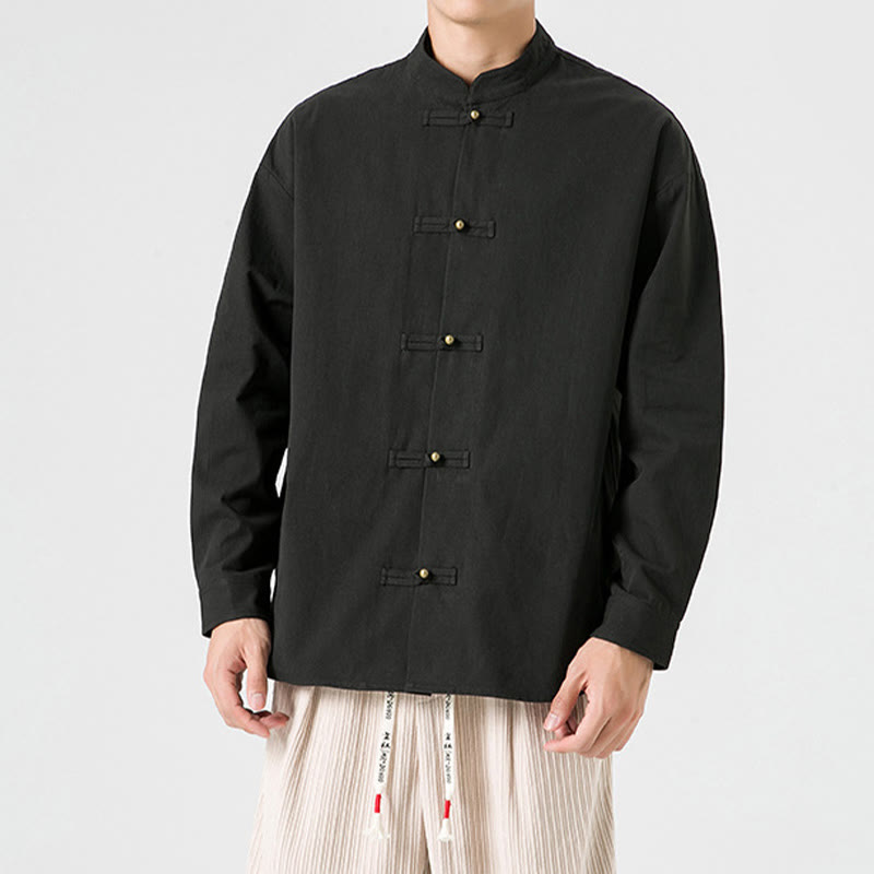 Buddha Stones Einfarbiges Froschknopf-Tang-Anzug-Baumwoll-Herren-Jackenhemd  - image 1