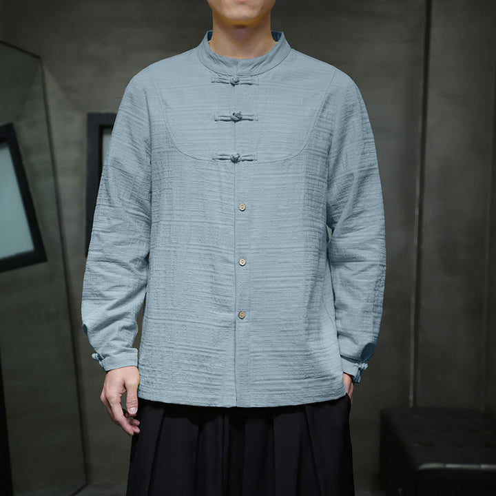 Buddha Stones Einfarbiger Tang-Anzug aus Baumwolle und Leinen mit halbem Froschknopf für Herren  - image 6