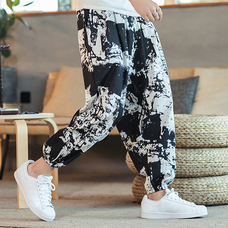 Buddha Stones Schwarz Weiß Tinte Design Baumwolle Leinen Kordelzug Herren Haremshose mit Taschen - image 6