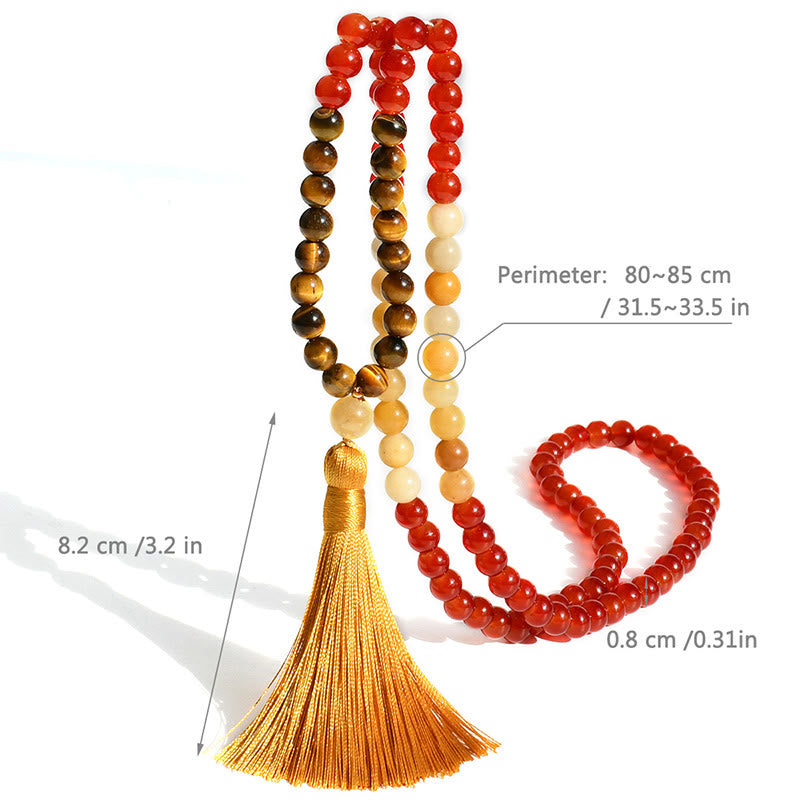 Buddha Stones 108 Mala-Perlen, roter Achat, Tigerauge, gelbe Quaste, ruhiges Armband