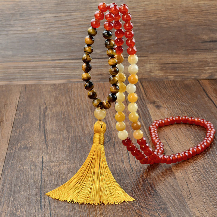 Buddha Stones 108 Mala-Perlen, roter Achat, Tigerauge, gelbe Quaste, ruhiges Armband