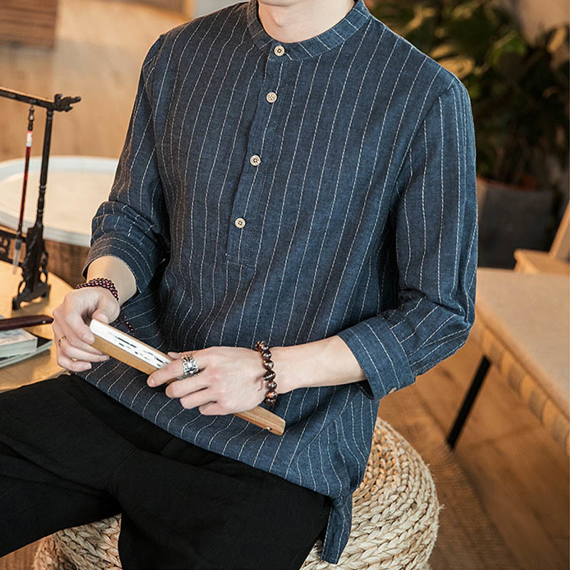 Buddha Stones - Gestreiftes Herrenhemd aus Leinen mit halben Knöpfen und Dreiviertelärmeln - image 10