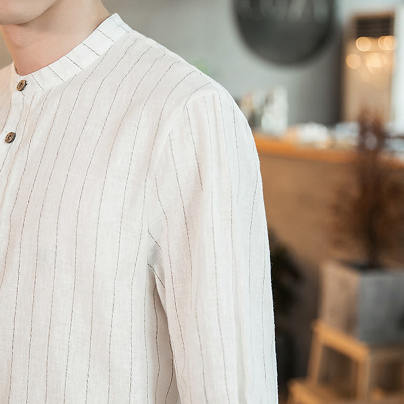 Buddha Stones - Gestreiftes Herrenhemd aus Leinen mit halben Knöpfen und Dreiviertelärmeln - image 23