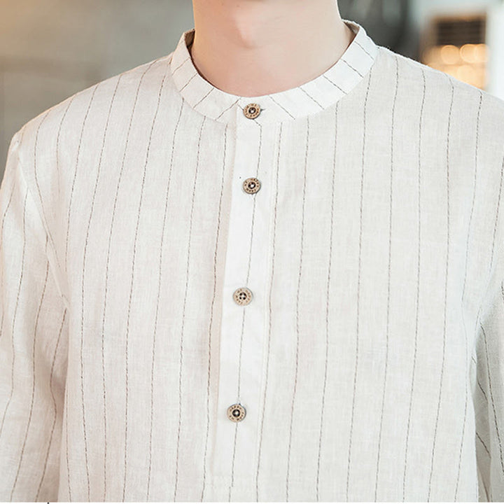 Buddha Stones - Gestreiftes Herrenhemd aus Leinen mit halben Knöpfen und Dreiviertelärmeln - image 22