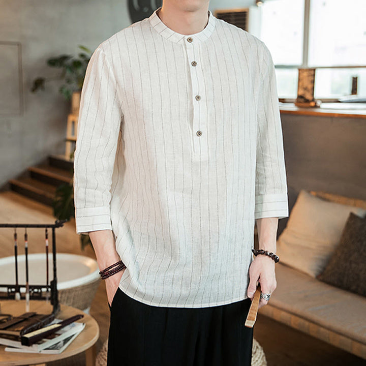 Buddha Stones - Gestreiftes Herrenhemd aus Leinen mit halben Knöpfen und Dreiviertelärmeln - image 17