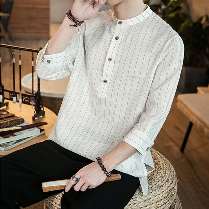 Buddha Stones - Gestreiftes Herrenhemd aus Leinen mit halben Knöpfen und Dreiviertelärmeln - image 21