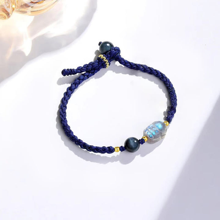 Buddha Stones Mondstein PiXiu Blaues Tigerauge Fu Charakter Heilung Paar String Armband