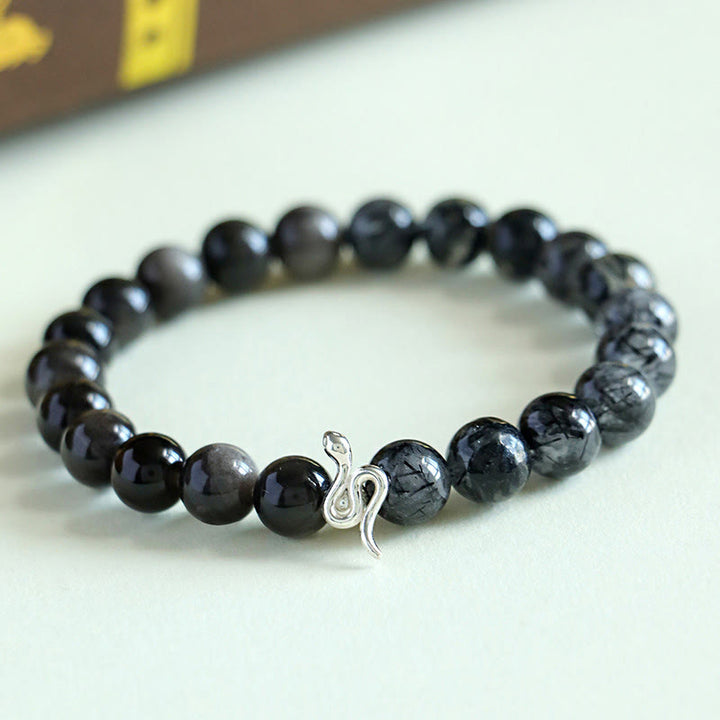 Buddha Stones Natürlicher Sonnenstein Super Seven Kristall Silberglanz Obsidian Rutilquarz 925 Sterling Silber Jahr der Schlange Positives Armband