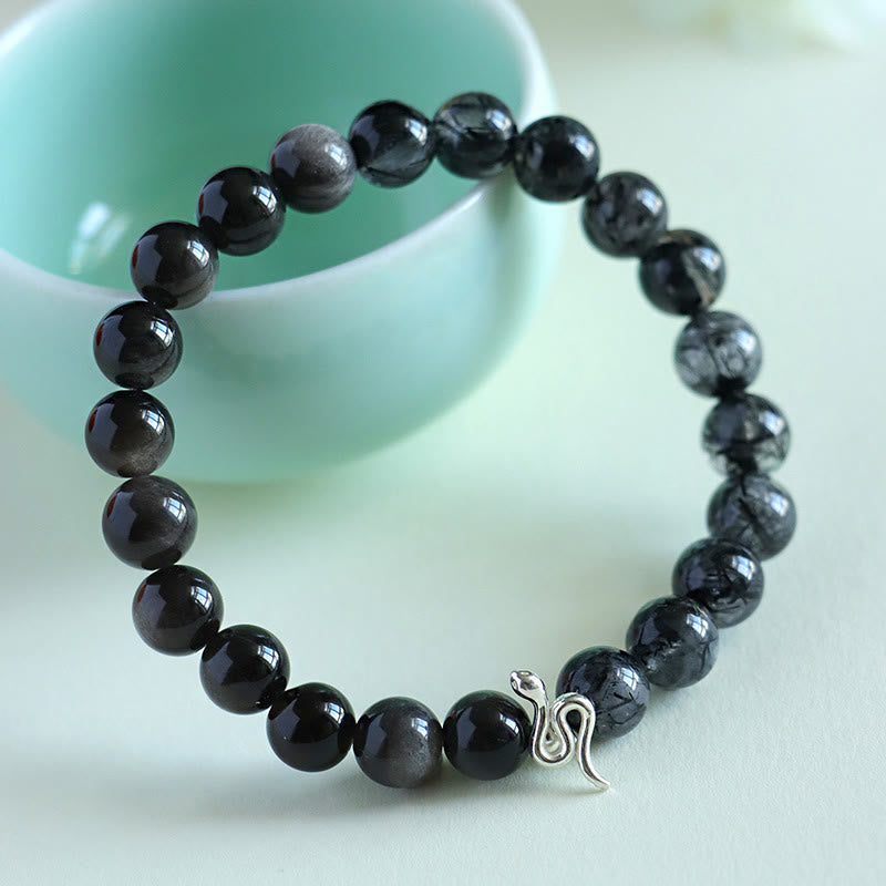 Buddha Stones Natürlicher Sonnenstein Super Seven Kristall Silberglanz Obsidian Rutilquarz 925 Sterling Silber Jahr der Schlange Positives Armband