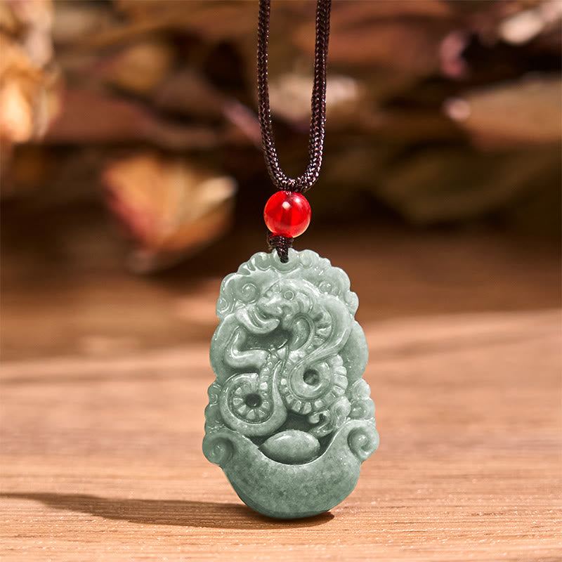 Buddha Stones Glücksbringer Das Jahr der Schlange 2025 Jade-Anhänger Weißer Kristall Rote Schnur Armband Schutzpaket