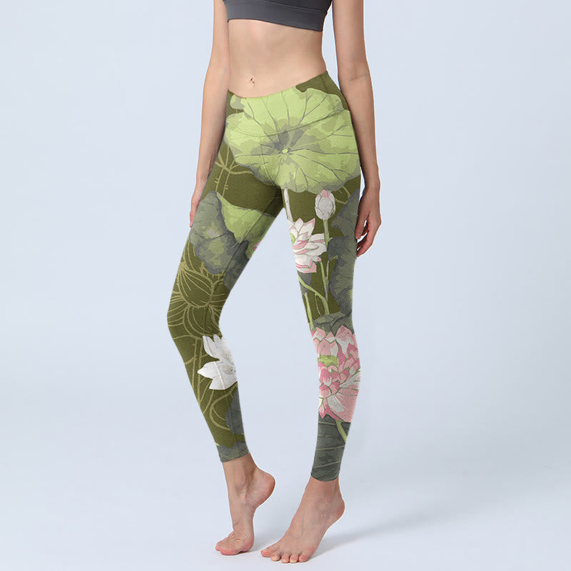 Buddha Stones Lotus Print Gym Leggings Damen Yogahose - Olivgrün - US18, UK/AU22, EU50 (4XL) - image 0