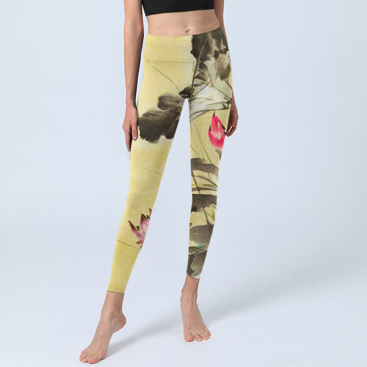 Buddha Stones Rosa blühende und ungeblühte Lotus-Druck-Gymnastik-Leggings für Damen, Yoga-Hose