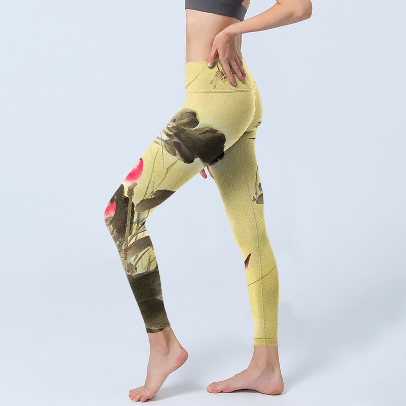 Buddha Stones Rosa blühende und ungeblühte Lotus-Druck-Gymnastik-Leggings für Damen, Yoga-Hose