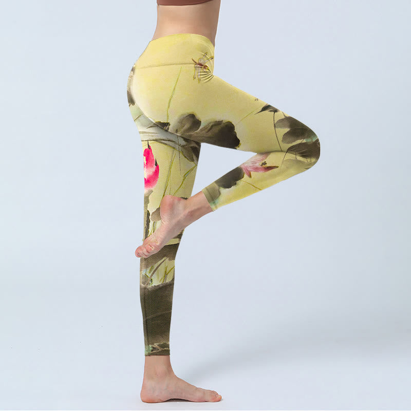 Buddha Stones Rosa blühende und ungeblühte Lotus-Druck-Gymnastik-Leggings für Damen, Yoga-Hose