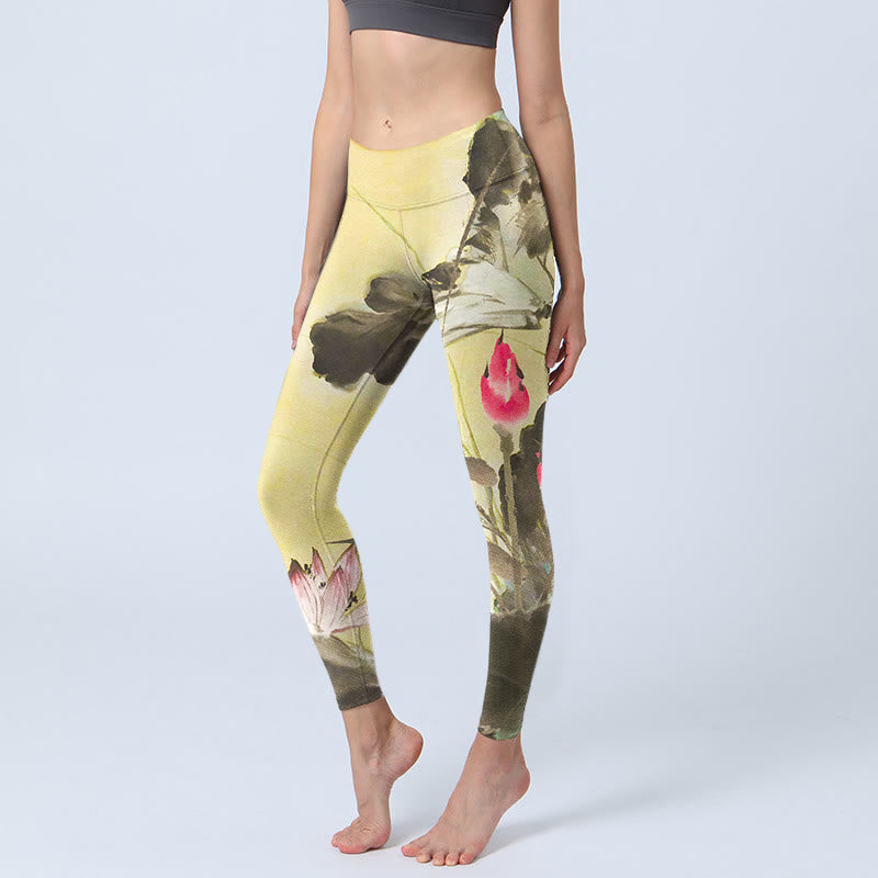 Buddha Stones Rosa blühende und ungeblühte Lotus-Druck-Gymnastik-Leggings für Damen, Yoga-Hose - Gelb - US18， UK/AU22，EU50 (4XL) - image 1