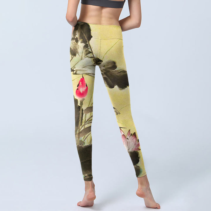 Buddha Stones Rosa blühende und ungeblühte Lotus-Druck-Gymnastik-Leggings für Damen, Yoga-Hose