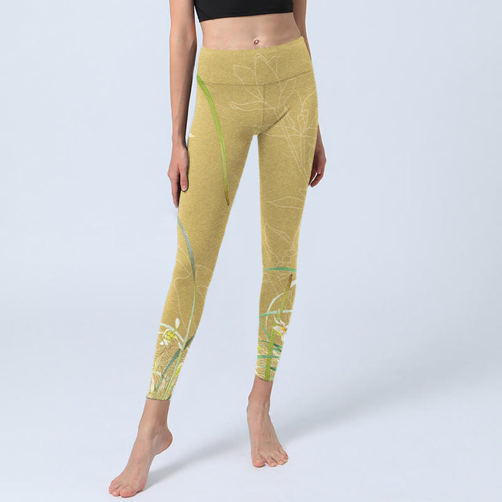 Buddha Stones, gelbe Orchideenblüten, weinende Blätter, Druck, Gym-Leggings, Damen-Yogahose