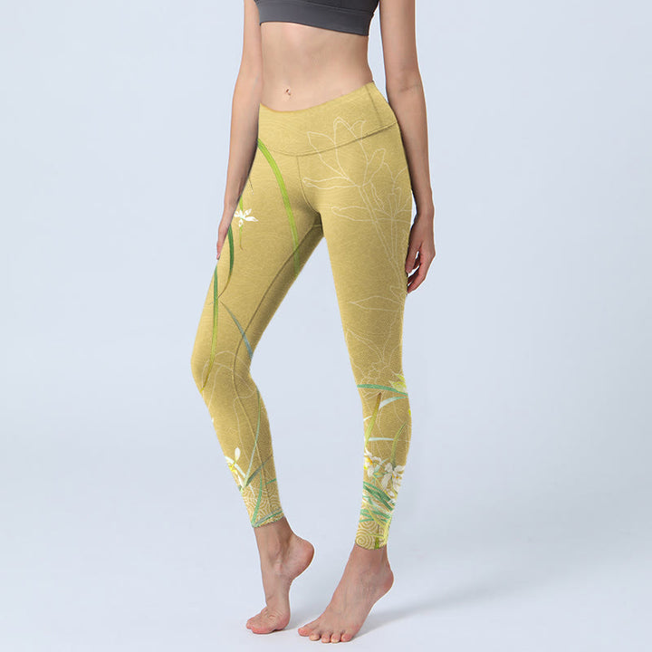 Buddha Stones, gelbe Orchideenblüten, weinende Blätter, Druck, Gym-Leggings, Damen-Yogahose