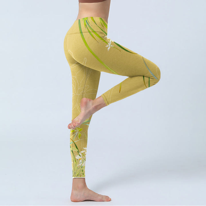 Buddha Stones, gelbe Orchideenblüten, weinende Blätter, Druck, Gym-Leggings, Damen-Yogahose